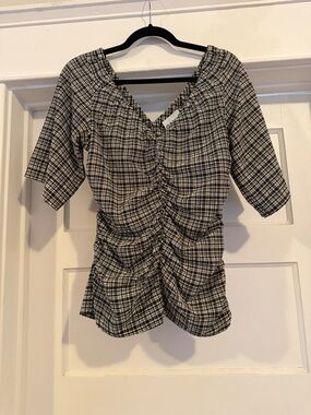 GANNI Black and White Plaid Ruched V-Neck Top